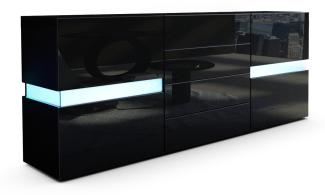 Vladon Sideboard Flow, Schwarz matt/Schwarz Hochglanz inkl. LED - Moderne Kommode mit Ambient Light Verglasung für Ihr Wohnbereich (177 x 75 x 39 cm)