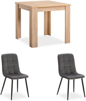 Esstisch mit 2 Stühlen Set Essgruppe Samt Polsterstühle Grau Küchentisch Modern Holz Natur 80x80 cm Esszimmertisch Massiv