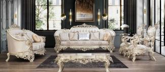 Casa Padrino Luxus Barock Wohnzimmer Set Cremefarben / Beige / Antik Gold - 2 Sofas & 2 Sessel & 1 Couchtisch - Handgefertigte Wohnzimmer Möbel im Barockstil - Edel & Prunkvoll