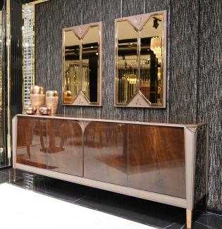 Casa Padrino Luxus Möbel Set Dunkelbraun / Grau / Kupfer / Gold - 1 Luxus Sideboard mit 4 Türen & 2 Luxus Wandspiegel - Esszimmer Möbel - Esszimmer Einrichtung - Luxus Möbel - Luxus Einrichtung