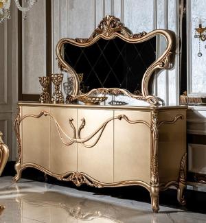 Casa Padrino Luxus Barock Möbel Set Gold - 1 Sideboard mit 4 Türen & 1 Spiegel - Handgefertigte Barock Möbel - Edel & Prunkvoll