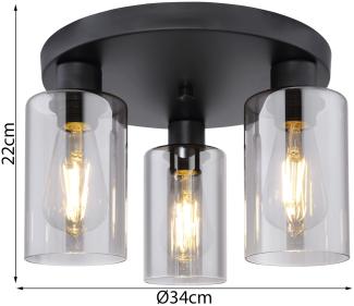 LED Deckenleuchte mit 3 Rauchglas Lampenschirmen Ø34cm, Metall schwarz