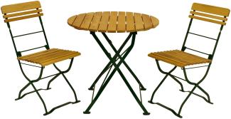 Biergarten - Garnitur MÜNCHEN 3-teilig (2x Stuhl, 1x Tisch 77cm rund), Flachstahl grün + Robinie