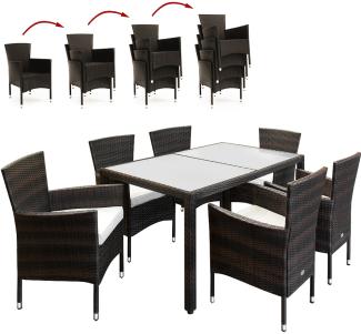 Casaria Poly Rattan Sitzgruppe Monaco 6 Stapelbare Stühle 7cm Auflagen Tisch 150x90cm Gartenmöbel Sitzgarnitur Set Braun