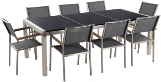 Gartenmöbel Set Naturstein schwarz poliert 220 x 100 cm 8-Sitzer Stühle Textilbespannung grau GROSSETO
