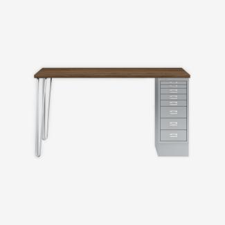 MultiDesk, 2 Stahlfüße, 1 MultiDrawer mit 8 Schüben, Dekor Nussbaum, Farbe Silber, Maße: H 740 x B 1400 x T 600 mm