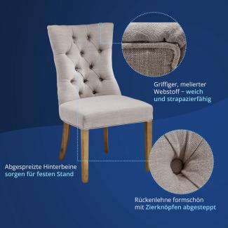 KHG Esszimmerstuhl Relax-Sessel grau Webstoff - Rückenlehne mit Zierknöpfen, Massivholz Stuhlbeine - Küchenstuhl, Design Stuhl Lounge Sessel