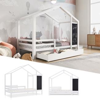 Merax Kinderbett Hausbett 90 x 200 cm, Holzbett mit Tafel und 2 Schubladen, Massivholz mit Zaun und Lattenrost, Weiß (ohne Matratze)
