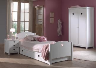 Amori Set best. aus Einzelbett 90 x 200 cm mit Lattenrost, Bettschublade, Nachtkonsole und Kleiderschrank 2-trg, Ausf. MDF weiß lackiert