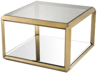 Casa Padrino Luxus Beistelltisch Messingfarben / Schwarz 75 x 75 x H. 55 cm - Edelstahl Tisch mit Glasplatte und Spiegelglas - Luxus Wohnzimmer Möbel
