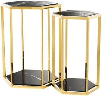 Casa Padrino Luxus Beistelltisch 2er Set in gold mit schwarzem Marmor - Luxus Qualität