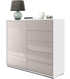 Vladon Sideboard Ben V2, Kommode mit 1 Tür und 5 Schubladen, Weiß matt/Sandgrau Hochglanz (79 x 74 x 36 cm)