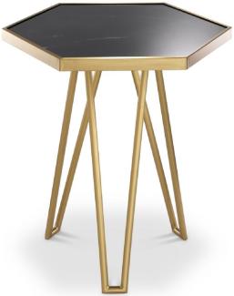 Casa Padrino Luxus Beistelltisch Messingfarben / Schwarz 50 x 43 x H. 54,5 cm - Moderner 6-eckiger Edelstahl Tisch mit geschliffener Marmorplatte - Wohnzimmer Möbel - Luxus Möbel