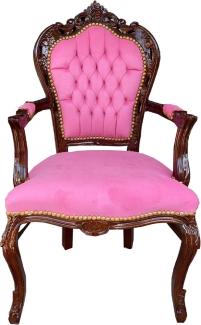 Casa Padrino Barock Esszimmerstuhl mit Armlehnen Rosa / Braun 53 x 57 x H. 108 cm - Handgefertigter Antik Stil Massivholz Stuhl mit edlem Samtstoff - Barock Esszimmer Möbel
