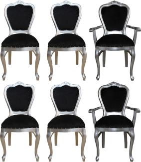 Casa Padrino Luxus Barock Esszimmer Set Schwarz / Silber - 6 handgefertigte Esszimmerstühle - 2 Stühle mit Armlehnen und 4 Stühle ohne Armlehnen - Barock Esszimmermöbel
