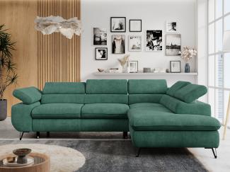 Ecksofa mit Bettfunktion, Modern Sofa, L-form, Einstellbare Kopfstützen, Bettkasten, PETER, 1x Ecksofa, Grün, Stoff, rechts