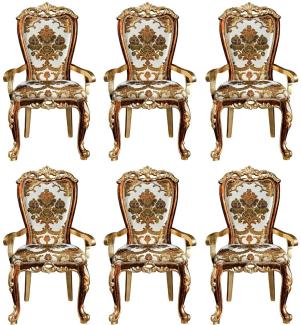 Casa Padrino Luxus Barock Esszimmer Stuhl Set mit Armlehnen und elegantem Muster 57 x 54 x H. 115 cm - Edles Küchen Stühle 6er Set im Barockstil - Barock Esszimmer Möbel
