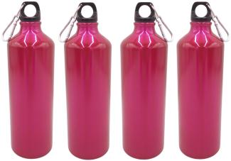 4x Aluminium Trinkflasche 1 Liter pink mit Karabiner Wasserflasche Sportflasche