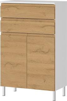 Stauraumkommode, Badschrank mit Schubladen, 60x34x97, in Weiß und Grandson-Eiche, Chromfüße, Grifflose, VEER-Serie von Kadima Design