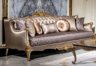Casa Padrino Luxus Barock Sofa Silber / Lila / Antik Silber / Braun / Gold - Handgefertigtes Wohnzimmer Sofa mit elegantem Muster und dekorativen Kissen - Wohnzimmer Möbel im Barockstil