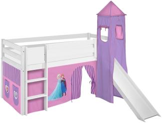 Lilokids 'Jelle' Spielbett 90 x 200 cm, Eiskönigin Lila, Kiefer massiv, mit Turm, Rutsche und Vorhang