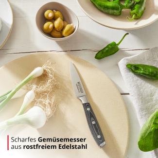 Meisterkoch Gemüsemesser Messer Küchenmesser | 8,5 cm Klinge aus rostfreiem deutschen Edelstahl | ergonomischer Micarta-Griff mit Fingerschutz, 3-fach vernietet