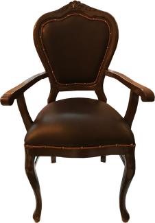 Casa Padrino Barock Luxus Echtleder Esszimmer Stuhl Braun / Braun mit Armlehnen - Handgefertigte Möbel mit echtem Leder