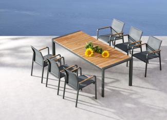 Best Freizeitmöbel Sitzgruppe Paros 7-teilig Tisch + 6 Stapelsessel 210 x 90 cm anthrazit/Teak