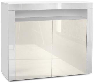 Vladon Kommode Valencia, Sideboard mit 2 Türen und 1 offenem Fach, Weiß matt/Creme Hochglanz/Weiß Hochglanz (108 x 92 x 40 cm)
