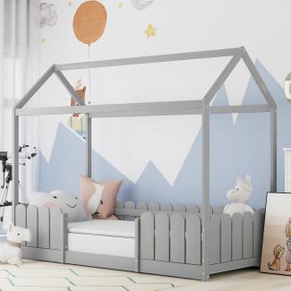 Merax Hausbett 90x200 cm - vielseitiges Holz Kinderbett für Jungen & Mädchen - Mit Rausfallschutz und Lattenrost – Grau (Ohne Matratze)