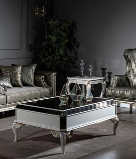 Casa Padrino Luxus Barock Couchtisch Weiß / Gold 122 x 85 x H. 48 cm - Edler Massivholz Wohnzimmertisch mit Glasplatte - Barock Wohnzimmer Möbel