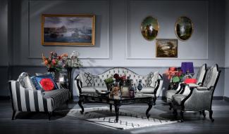 Casa Padrino Luxus Barock Wohnzimmer Set Silber / Schwarz - 2 Sofas & 2 Sessel & 1 Couchtisch & 2 Beistelltische - Wohnzimmer Möbel im Barockstil - Edel & Prunkvoll