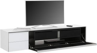 Soundboard "7777" in Weißglas matt - Akustikstoff schwarz mit einer Schublade und einem Einlegeboden. Abmessungen (BxHxT) 180x38x42 cm