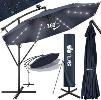 tillvex Alu Ampelschirm Navy-Blau LED Solar Ø 350 cm mit Kurbel | Sonnenschirm mit An-/Ausschalter | Gartenschirm UV-Schutz Aluminium | Kurbelschirm mit Ständer Marktschirm wasserdicht