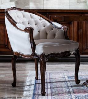 Casa Padrino Luxus Barock Esszimmerstuhl mit Armlehnen Weiß / Dunkelbraun - Prunkvoller Massivholz Stuhl im Barockstil - Barock Esszimmer Möbel
