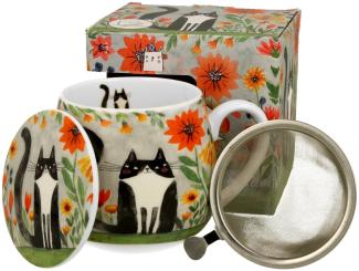 DUO ART GALLERY Fassbecher 430 ml CAT'S WORLD – MEADOW mit Teesieb, New Bone China Porzellan