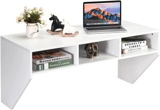 COSTWAY Wandtisch Wandmontierbarer Computertisch mit 3 Ablageflächen Wandregal Holz für Küche Wohnzimmer Büro Weiß