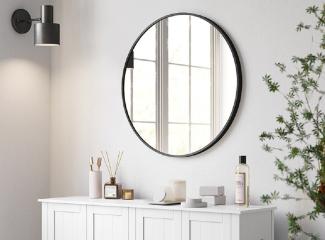 Wandspiegel, Spiegel rund, Badezimmerspiegel, 61 cm Durchmesser, Metallrahmen, für Wohnzimmer, Schlafzimmer, Bad, Flur, schwarz LWM102B01
