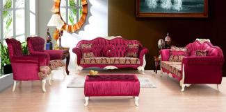 Casa Padrino Luxus Barock Wohnzimmer Set Bordeauxrot / Weiß / Gold - 2 Sofas mit Muster & 2 Sessel mit Muster & 1 Couchtisch - Prunkvolle Barock Wohnzimmer Möbel