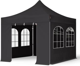 3x3 m Faltpavillon PROFESSIONAL Alu 40mm, Seitenteile mit Sprossenfenstern, schwarz