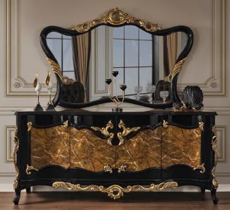 Casa Padrino Luxus Barock Möbel Set Sideboard mit Spiegel Braun / Schwarz / Gold - Prunkvoller Massivholz Schrank mit 4 Türen und elegantem Wandspiegel - Möbel im Barockstil