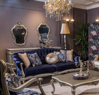 Casa Padrino Luxus Barock Wohnzimmer Sofa mit dekorativen Kissen Blau / Silber 212 x 80 x H. 98 cm - Prunkvolle Barock Möbel