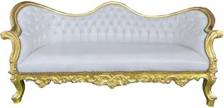 Casa Padrino Barock Sofa Vampire Weiß / Gold 200 x 75 x H. 82 cm - Handgefertigte Lounge Couch mit edlem Kunstleder - Barock Wohnzimmer Möbel