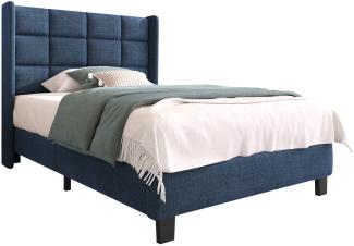 Merax Polsterbett Einzelbett 90x200 aus Leinen & Holz & Metall mit Lattenrost & Kopfteil für Schlafzimmer Blau