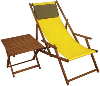 Liegestuhl gelb Gartenliege Tisch Kissen Deckchair Sonnenliege Gartenstuhl Massivholz 10-302 T KD