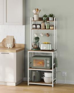 VASAGLE Küchenregal, Standregal mit Steckdosen, Mikrowellen-Regal, mit Gitterplatte, 14 Haken, 40 x 60 x 170 cm, walnussbraun-weiß