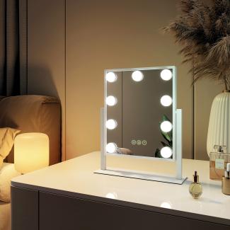 EMKE Hollywood Spiegel Schminkspiegel mit Beleuchtung 9 Dimmbaren LED-Leuchtmitteln 360° Drehbar Kosmetikspiegel mit 3 Lichtfarben 7× Vergrößerung Touch-Steurung,Weiß,25×30cm