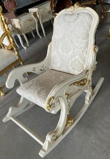 Casa Padrino Barock Schaukelsessel Silber / Beige / Creme / Weiß / Gold - Handgefertigter Schaukelstuhl mit Armlehnen und Fußstütze - Barock Möbel - Wohnzimmer Möbel im Barockstil