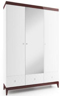 Casa Padrino Luxus Kleiderschrank Weiß / Hochglanz Braun 171,4 x 60 x H. 205 cm - Massivholz Schlafzimmerschrank mit Spiegel - Schlafzimmermöbel