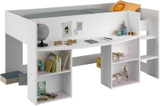 Hochbett Pirouette 1 weiß 90×200 cm inkl. Leiter + Lattenrostplatte + Schreibtisch + Regale